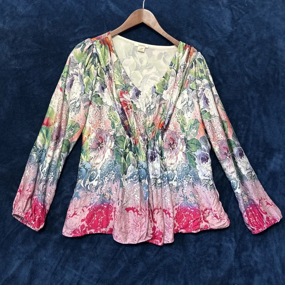 Sundance Womens Silk Top Size S Peasant Artsy‎ Print Floral Luxury Maximalist